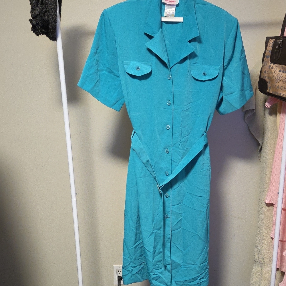 Charisma Turquoise Button-Front Shirt Dress with Self Tie